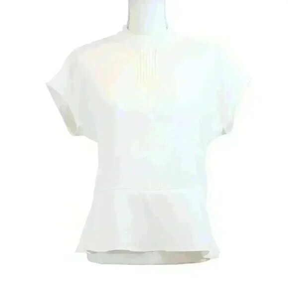 DKNY Cream White Blouse High-Neck Cap-Sleeve Side-Zip Front Pleats Size XS - Picture 1 of 10